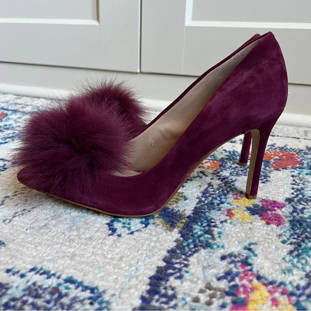 Gianni Bini Dorindah Burgundy Suede Pumps with Real Fox Fur Pom Pom Details 8.5 - Picture 3 of 6